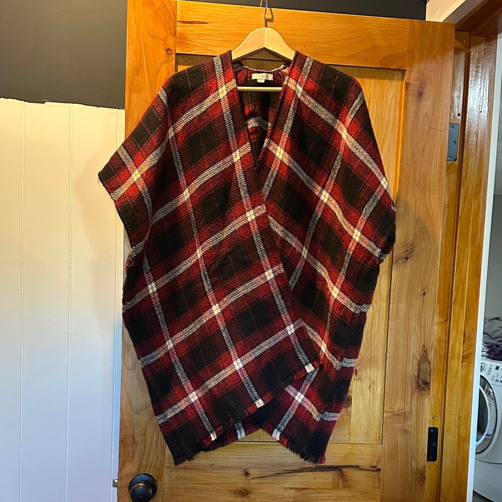 LOFT Red and Black Checkered Poncho/Cape